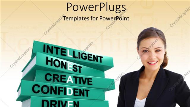  Presentation with woman leader - Beautiful woman standing by pile of books with leadership qualities