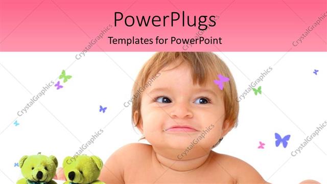  Presentation with baby toy - Beautiful young baby smiling with two toy bears and colorful butterflies