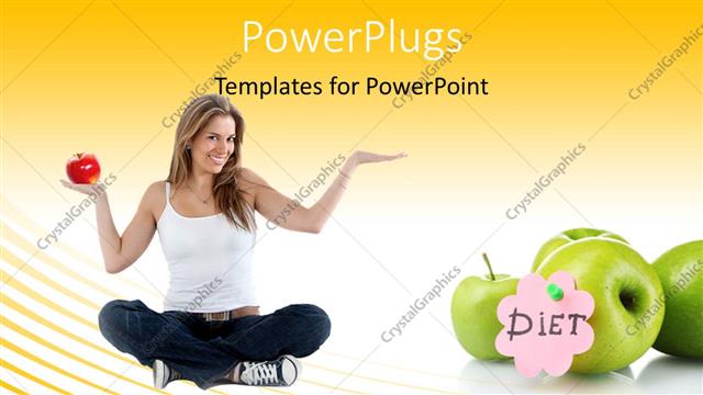  Presentation with best - Beautiful young lady in casual outfit with legs crossed holds red apple