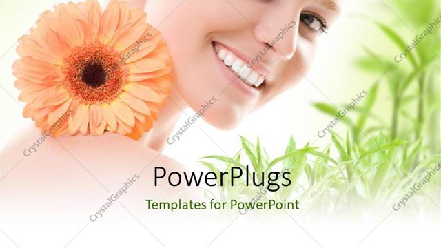  Presentation with green beauty - Beautiful young lady smiling with flowers and green field in background?