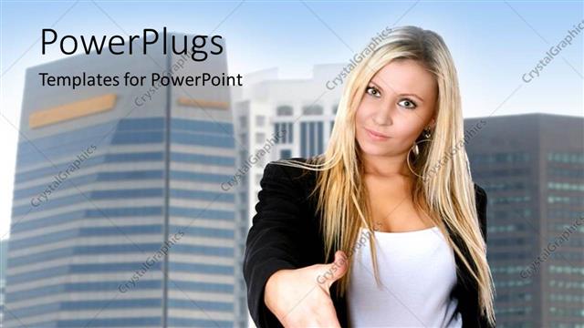  Presentation with office buildings - Beautiful young woman gestures for handshake with office buildings behind