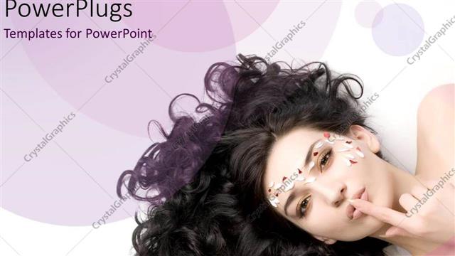  Presentation with queen - Beauty queen with amazing curly hair on purple background