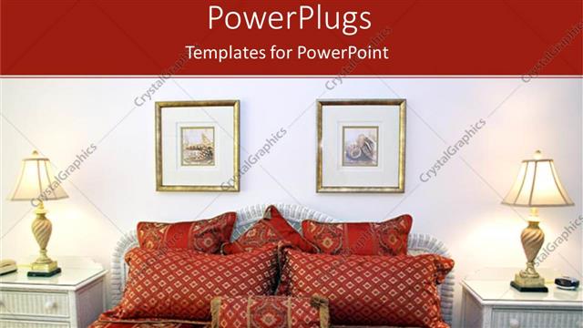  Presentation with furniture - Bedroom depiction with furniture, framed pictures on wall and bed