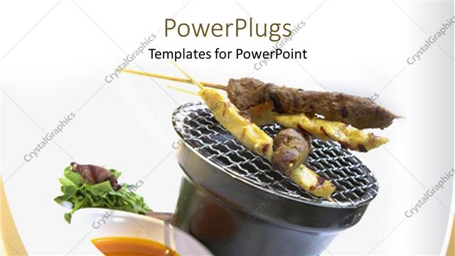  Presentation with food grill - Beef and Chicken meat on grill with vegetable and bowl of sauce