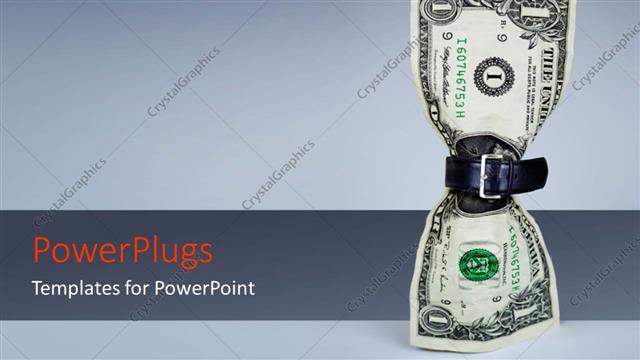  Presentation with grey - Belt fastened around one dollar bill on grey background