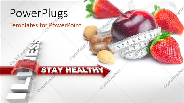  Presentation with diet - A big apple, strawberries and nuts with a measuring tape