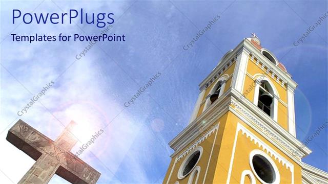  Presentation with church blue - Big catholic church with a cross under sun rays and a blue sky