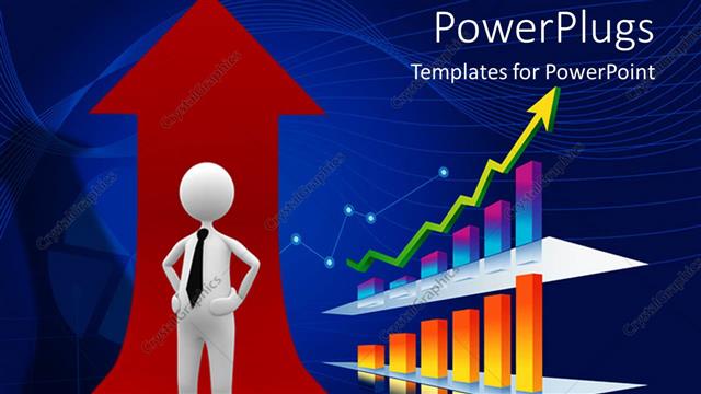  Presentation with bar - Big red ascending arrow with a human figure beside a bar chart