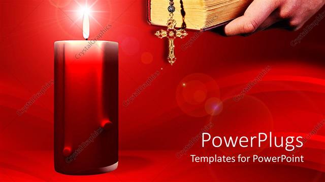  Presentation with religious bible - Big red candle with an adult hand holding a bible and rosary