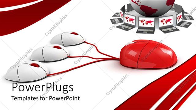  Presentation with red globe - Big red mouse connected to three smaller mice with an earth globe and laptops