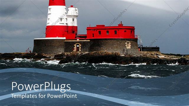  Presentation with white house - Big red and white colored light house on a sea