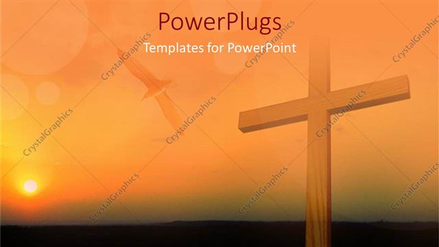  Presentation with religion - Big wooden cross on a sun set landscape with a flying bird