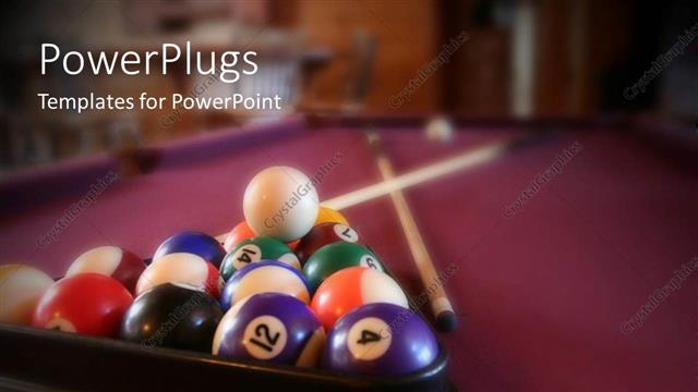  Presentation with billiard - Billiard balls in rack with cue ball, billiard sticks, purple felt pool table