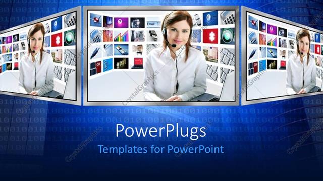  Presentation with news - Binary digits on blue background with lady newscaster on?three LCD monitors