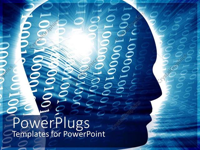  Presentation with brain - Binary digits over human head with light glow in blue background