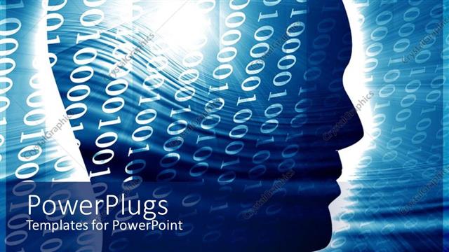  Presentation with blue brain - Binary digits over human head with light glow in blue background