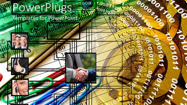  Presentation with circuit - Binary digits, paper clips and happy business men connected with circuit lines