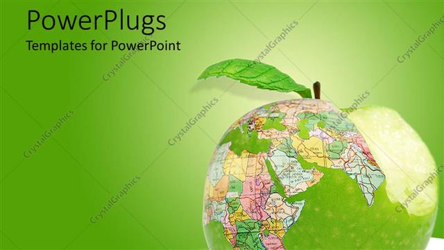  Presentation with green apple - Bitten big green apple with a world map design