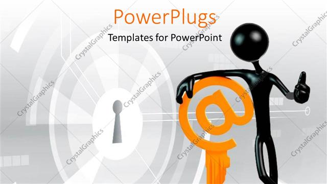  Presentation with keyhole - Black 3D man leaning on yellow internet key with keyhole in background