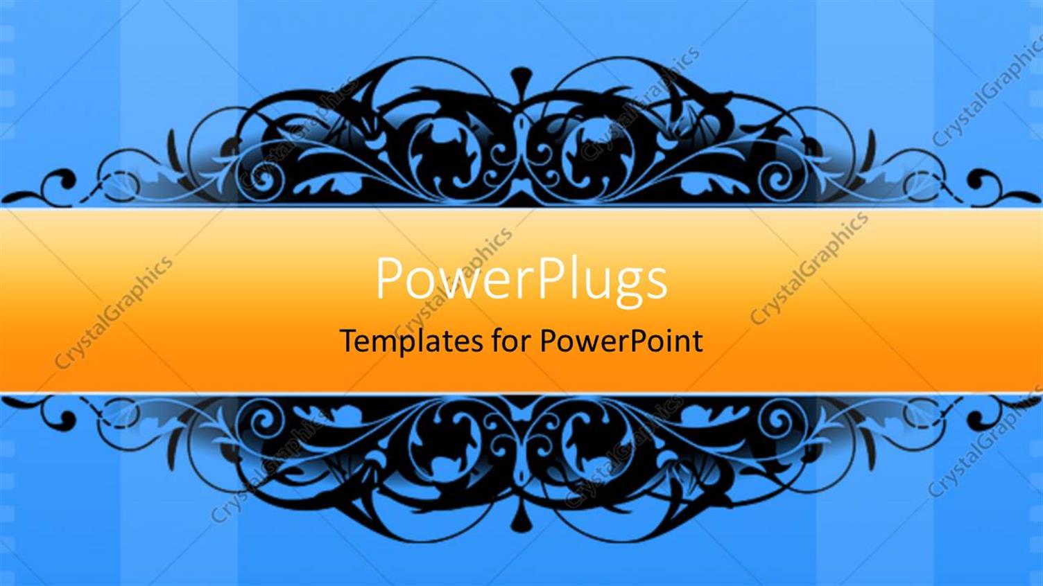 Featuring Black Abstract Floral Pattern on Blue Background with Orange Bar