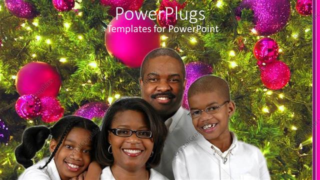  Presentation with family tree - Black American family of four poses beside decorated Christmas tree