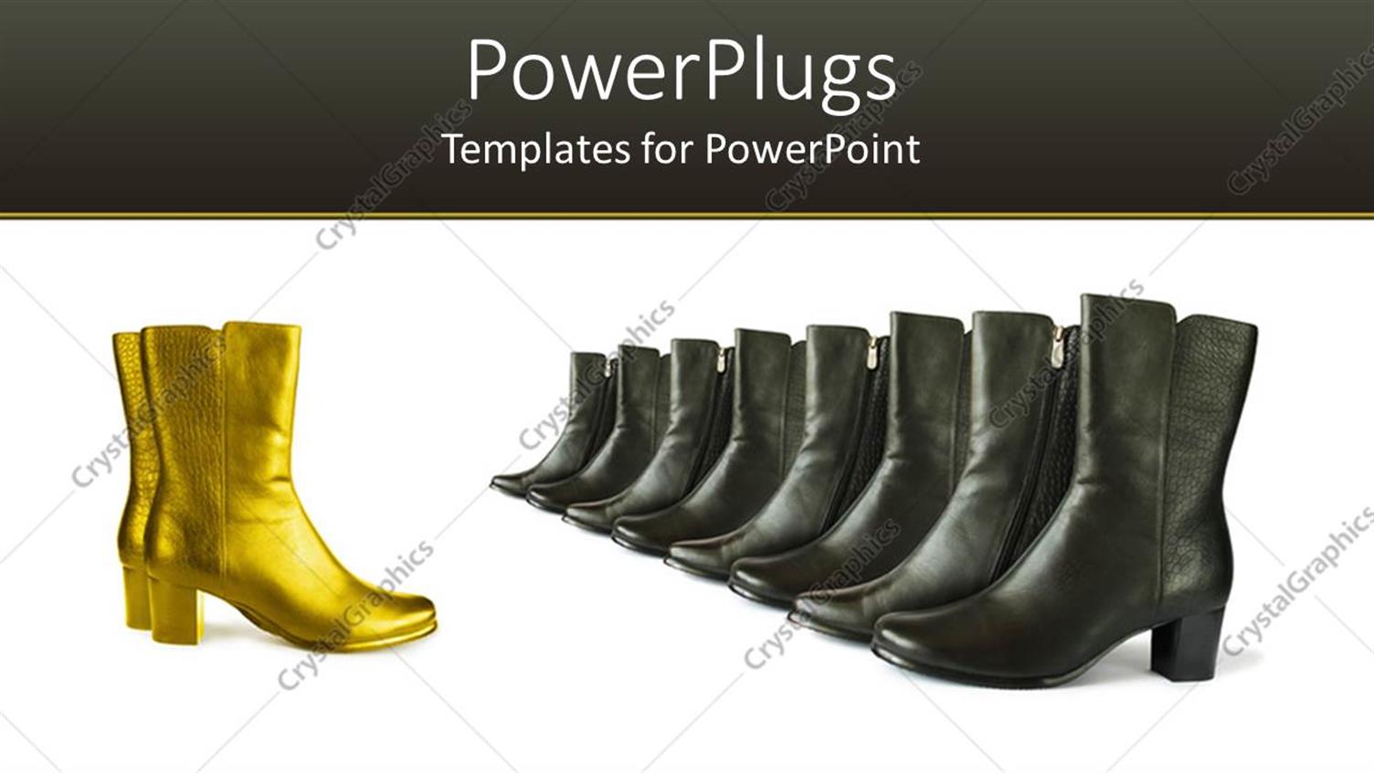 Featuring Black Boots Arranged with Golden Boot on White and Black Background