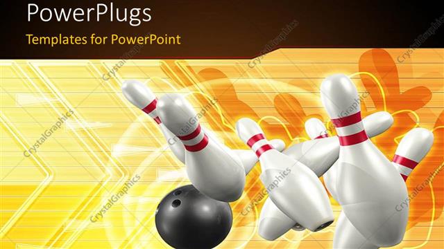  Presentation with bowling - A black bowling ball hitting down lots of white bowling pins