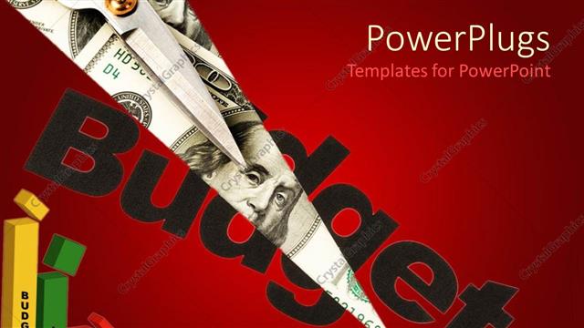  Presentation with sales - Black budget word cut, with the depiction of money bills and scissors on top of dollar bills, multicolored budget related chart with budget cuts, layoffs and sales words on chart bars, red background