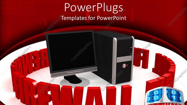  Presentation with firewall - Black desktop computer surrounded by a 3D fire wall text