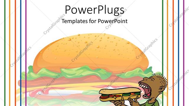  Presentation with hamburger - Black figure biting from a big sandwich with opened school bag and books and large hamburger on white background