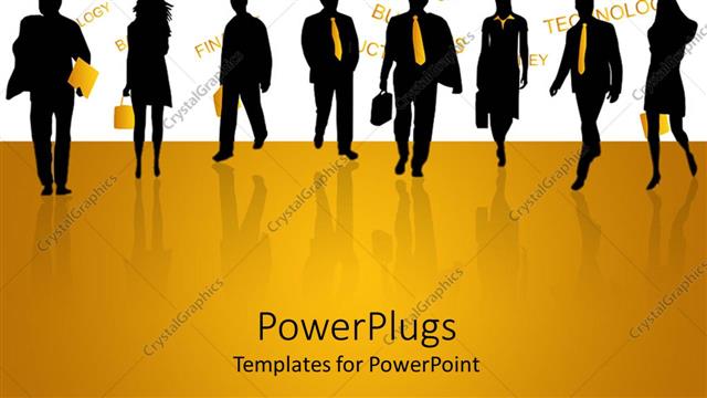  Presentation with black people - Black figures of men and women business people on reflective yellow ground and yellow finance related words on white background