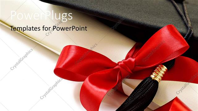  Presentation with graduation white cap - Black graduation cap with red ribbon and white background