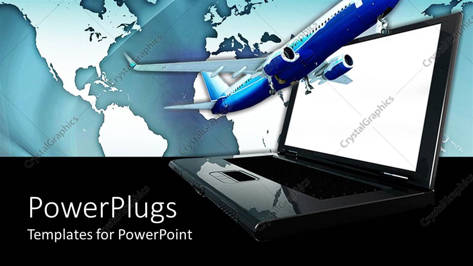 Featuring Black Laptop Next to Flying Airplane  with Earth in Background