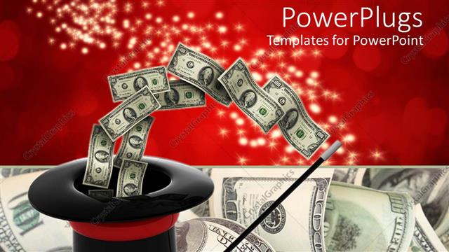  Presentation with magic wand - Black magicians hat and a wand with dollar bills