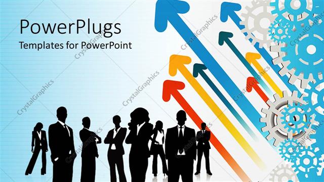  Presentation with colorful - Black silhouettes of business people men and women and rising colorful arrows with gears on gradient blue background