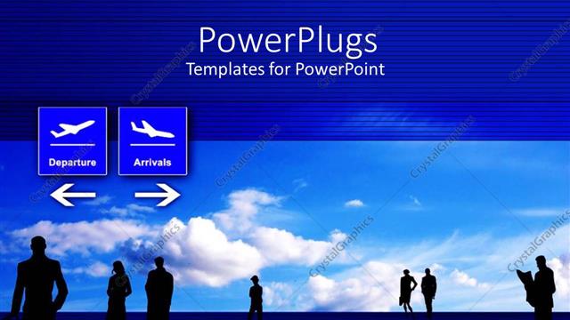  Presentation with departure - Black silhouettes of people in airport interior with light blue sky in the background and depictions of plane departure and arrivals with direction arrows