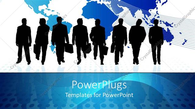  Presentation with black business - Black silhouettes wearing business suits with plain world map on white background