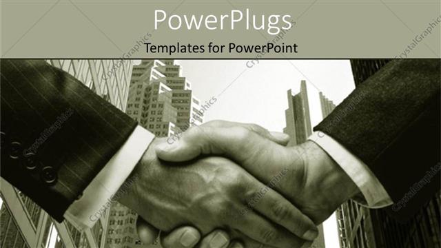  Presentation with scenery - Black and white depiction of two business man shaking hands with city scenery skyscrapers in the background