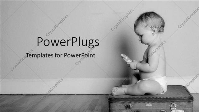  Presentation with toy - Black and white representation of baby sitting on top of suitcase holding toy in hands