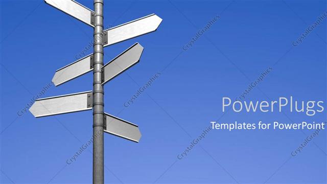  Presentation with blank - Blank signpost pointing in different directions decisions choices blue skies
