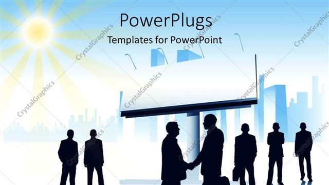  Presentation with shining - Blank signpost and sun shining overhead with handshake between businessmen