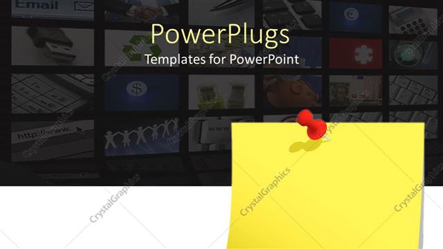  Presentation with blank - Blank yellow sticky note with red pin with twelve depictions related to IT, internet and computers fading in the background