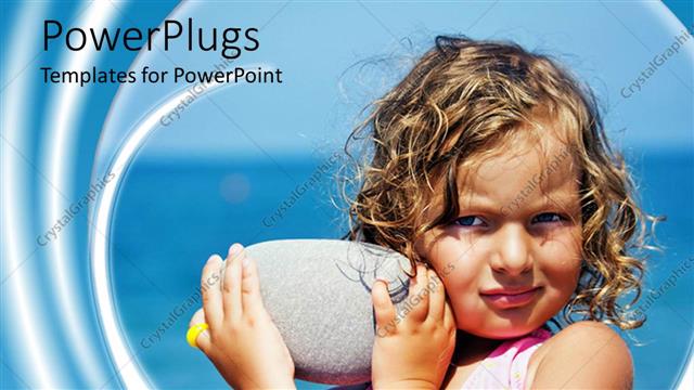  Presentation with water ocean - Blond curly haired girl with a big stone in her hands on blue ocean water background