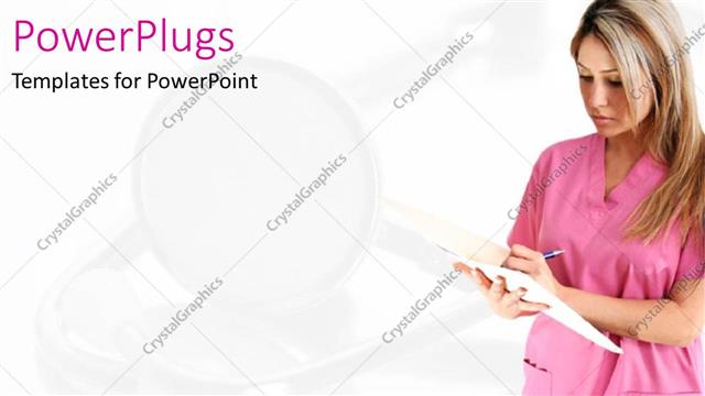  Presentation with report - Blond nurse dressed in pink checking medical report sheet with faded stethoscope on white background