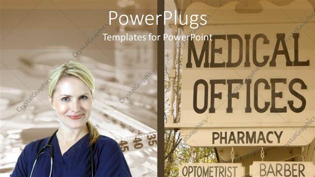 Presentation with optometrist - Blond smiling nurse with stethoscope and medical offices pharmacy optometrist barber physician dentistry