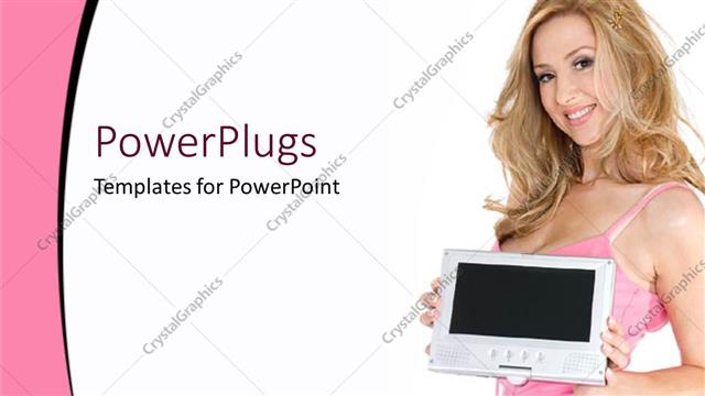  Presentation with pink beauty - Blond smiling woman in pink tank top holding screen, advertising, beauty, e commerce