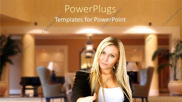 Presentation with woman business - Blond young business woman smiles and stretches hand for handshake