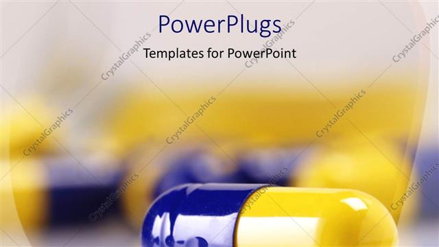  Presentation with yellow medical - Blue-yellow capsule close up with shadowy capsules in background