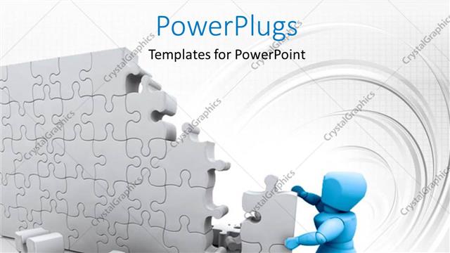  Presentation with solving - Blue 3D man building high wall with jigsaw puzzle pieces