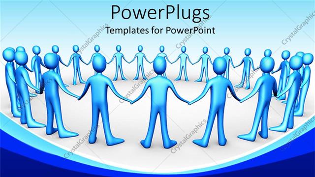  Presentation with team hands - Blue 3D men hold hands in a circle on white background?